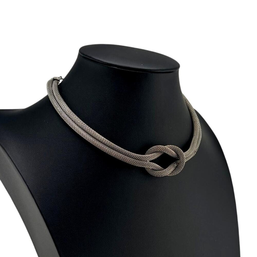 Vintage Accessocraft NYC Mesh Chain Knot Double Strand Silver Tone 15" Choker